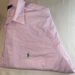 Seer sucker pink and white striped shirt